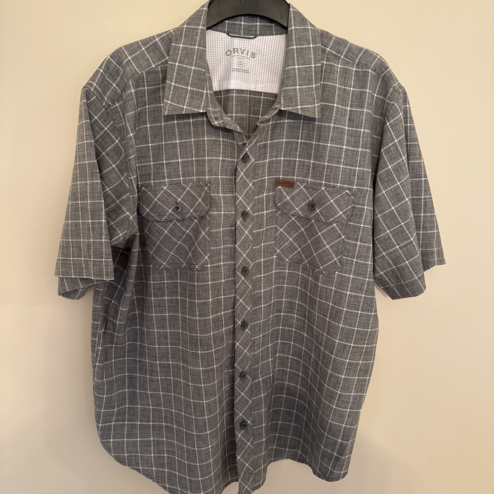 Orvis Trout Bum Shirt Mens XL Gray Fishing Button Up Short Sleeve Rugby Outdoors